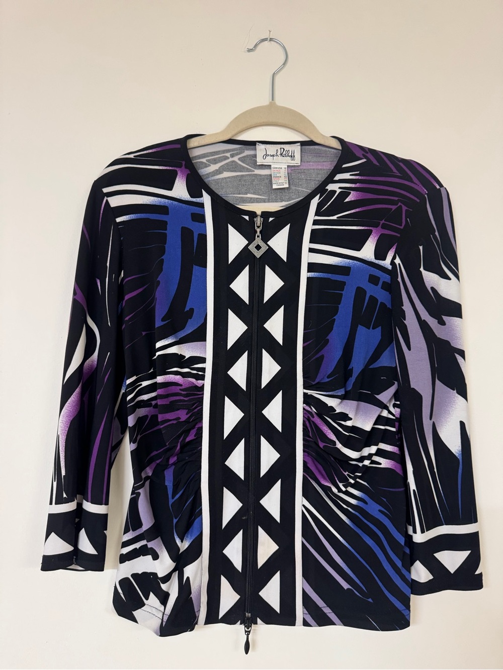 Joseph Ribkoff Black, Purple & Blue Abstract Zip-Front Long Sleeve Top